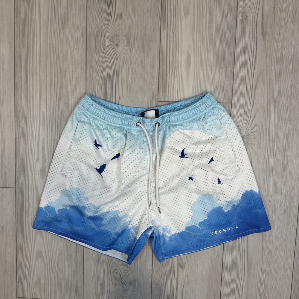 YoungLA White and Blue Gradient Athletic Shorts with Bird Motif